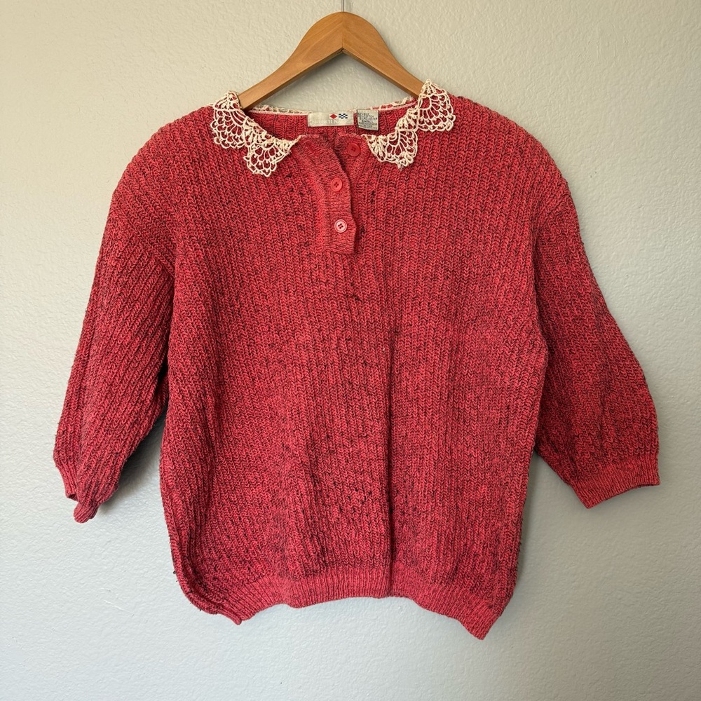 Women's Crochet Collar Crewneck Sweater - Red